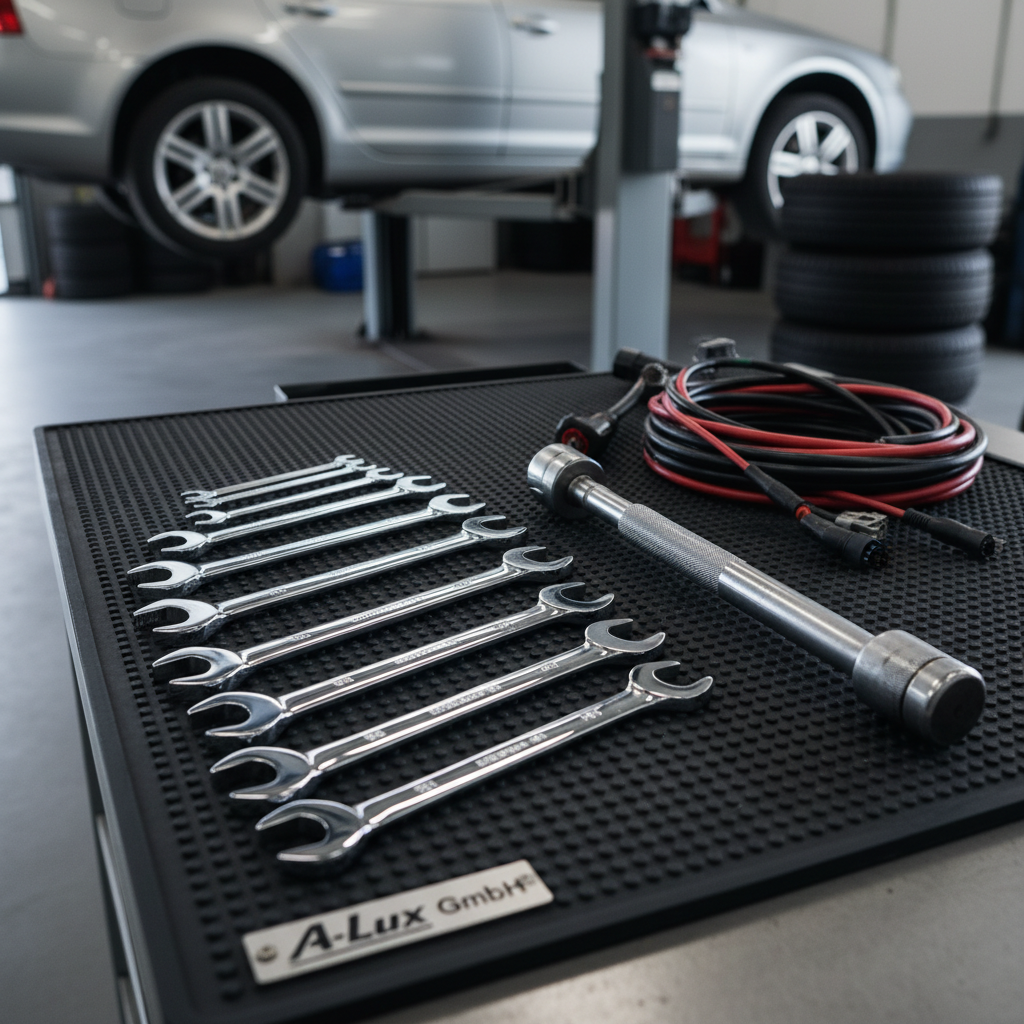 A carefully composed close-up of a mechanic’s workbench without any human presence: a set of high-quality chrome wrenches, a torque wrench, and diagnostic cables laid out in perfect order on a dark rubber mat. In the background, slightly out of focus, a silver car on a lift and stacked tires hint at comprehensive vehicle repair services. Overhead workshop lighting creates dramatic, cinematic highlights along the polished metal tools, with soft shadows adding depth and texture. The mood is technical, precise, and trustworthy. Captured from a low, side angle with shallow depth of field, the composition leads the eye along the line of tools, embodying the professional character of A-Lux GmbH.