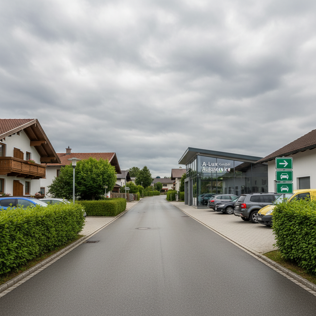 An exterior street-level view in 2201 Hagenbrunn, Austria, interpreted as a tidy, semi-rural roadway leading toward a discreet yet modern autoservice building associated with A-Lux GmbH. Directional road signs are shown as simple, non-text geometric symbols pointing toward the facility. A few parked cars of different types suggest a broad service offering. The sky is overcast, providing soft, diffused cinematic light that gently illuminates building facades and car surfaces without harsh contrast. The atmosphere feels local, accessible, and reliable. The composition uses a slightly elevated, wide-angle viewpoint to capture both the road and the workshop, with leading lines drawing the viewer’s eye to the service location.